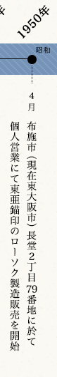 1950年4月　布施市（現在東大阪市）長堂2丁目　番地に於て個人営業にて東亜錨印のローソク製造販売を開始